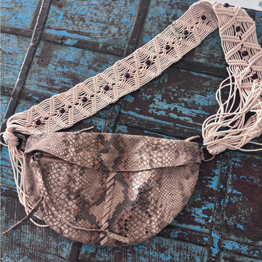 Free People Beige Snake-Print Crossbody with Macramé Strap
